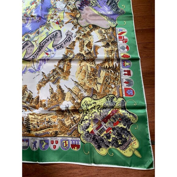 Vintage 1970s Map Scarf of Europe Landmarks Flags 28"x28" Rayon Square - Picture 3 of 8